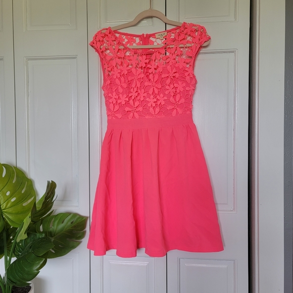 Tea n Cup Dresses Neon Pink Floral Cap Sleeve Lace Over Sweetheart Neckline Tea Cup Dress